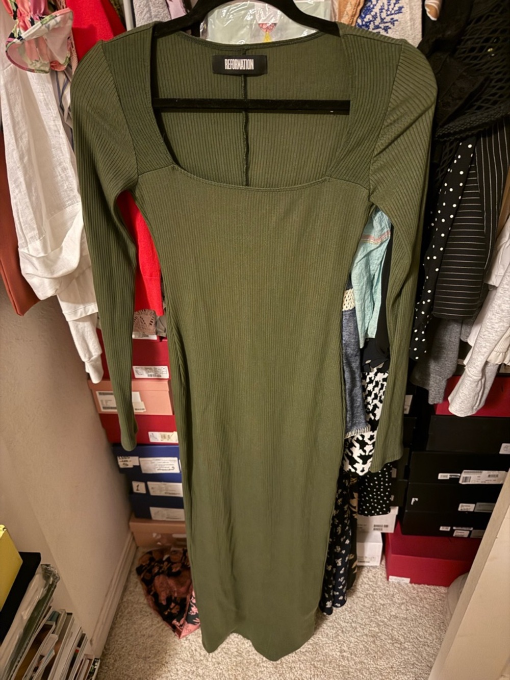 Reformation Olive Green Long Sleeve Ribbed Midi Dress